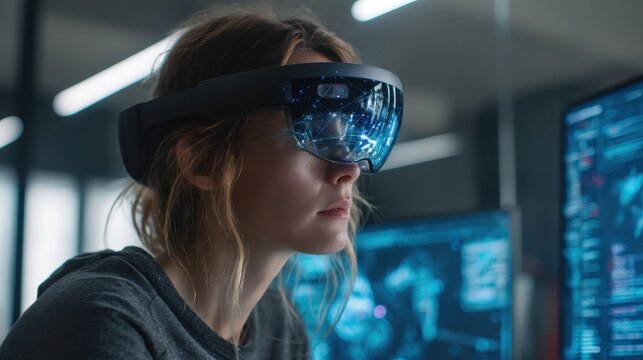 Young woman uses augmented reality headset while focusing on digital data in a modern tech workspace during daytime hours