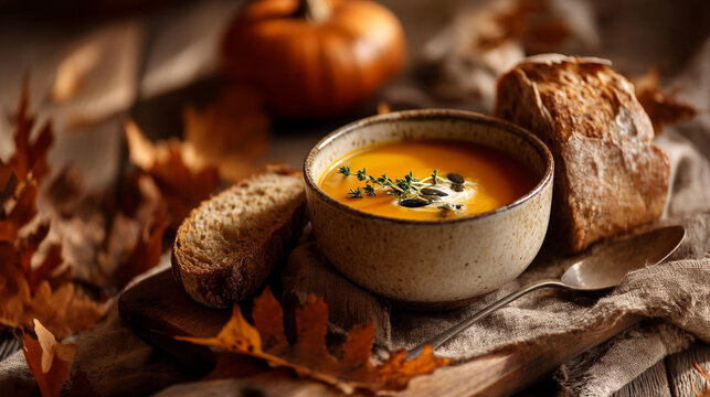 A bowl of pumpkin soup with bread and a spoon on a table with leaves