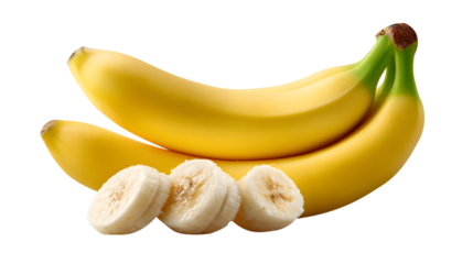Yellow Banana Bunch with Sliced Banana Parts on isolated Transparent Background