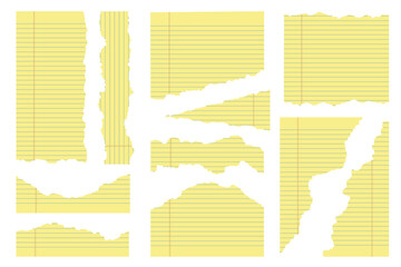 Legal memo pad ripped paper with torn texture. Pieces of notebook yellow pages isolated on white background. Striped vector torn shapes for vintage banners