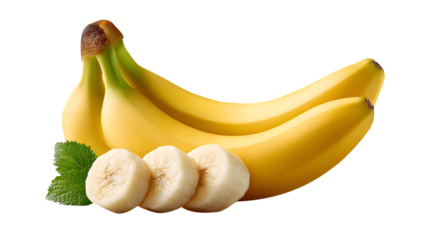 Bananas & Sliced Banana with Mint Leaf on isolated Transparent Background