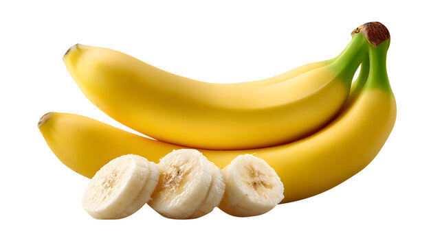 Yellow Banana Bunch with Sliced Banana Parts on isolated Transparent Background