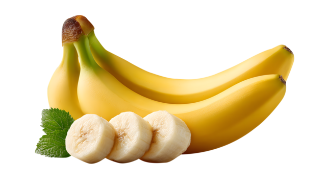 Bananas & Sliced Banana with Mint Leaf on isolated Transparent Background