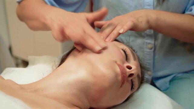 Caressing side of head softly to instill calm and serenity. Gently massaging temples to relieve tension and harmonize energy. Using gentle motions to soothe skin and promote tranquility. Gliding hands