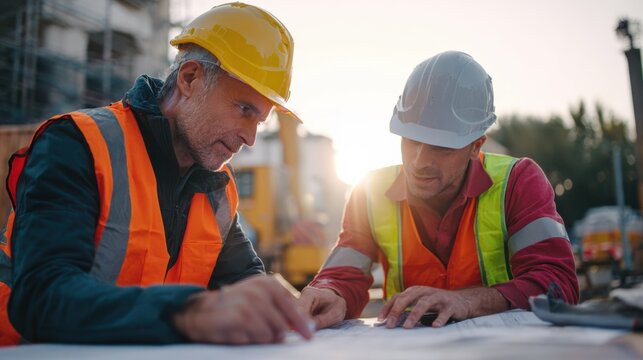 Two construction workers reviewing blueprints on a job site at sunset, showcasing teamwork and project planning.