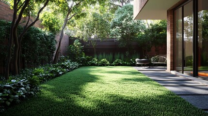 pristine backyard garden featuring a vibrant green lawn, decorative gravel, lush plants, and a modern wooden deck, perfect for tranquil outdoor living.