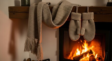 Cozy fireplace with mittens and scarf hanging above the warm fire burning bright