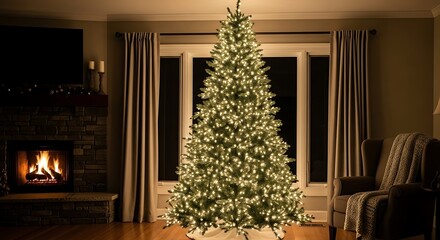 Christmas tree glowing in a cozy living room with a fireplace at nighttime