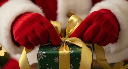 Santa claus tying a gold ribbon on a green christmas present with red gloves