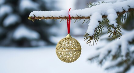 Golden christmas ornament hangs from a snow covered pine branch in winter scene