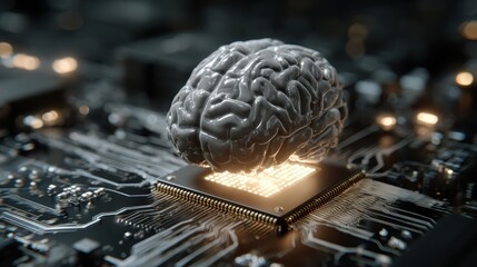 Brain represents artificial intelligence technology floating over a computer circuit board in a futuristic digital environment with glowing lights