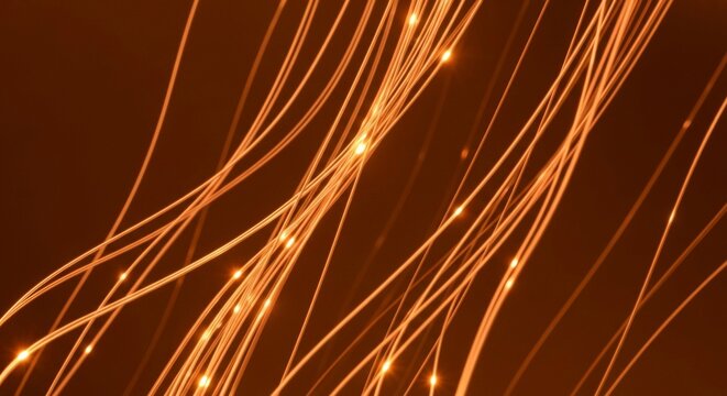 Glowing fiber optic cables transmit data in a dark room, creating a futuristic and technological atmosphere with bright light trails and blurred motion effects. - Powered by Adobe