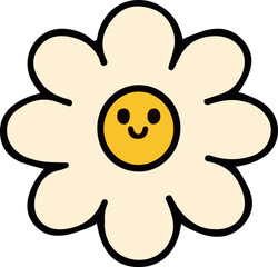 Obraz premium Cute smiling daisy flower adorable hand-drawn cartoon illustration of a happy yellow flower with white petals, cheerful cute floral character for kids design, spring, and nature themed artwork
