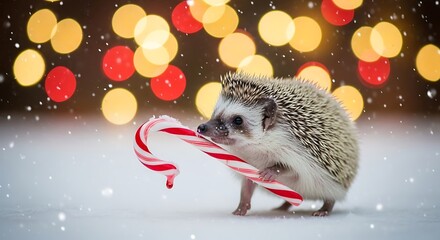 Adorable hedgehog carrying a candy cane in the snow with christmas lights bokeh