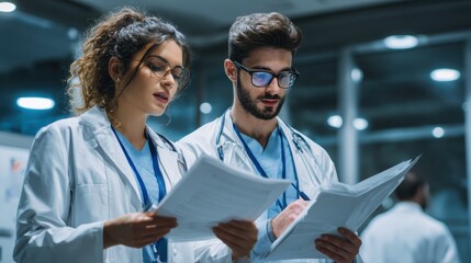 Two medical professionals study patient reports together, showcasing collaboration in healthcare.