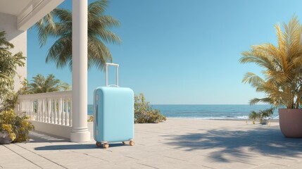 Bright blue suitcase stands by a coastal terrace with palm trees and a clear ocean view on a sunny day