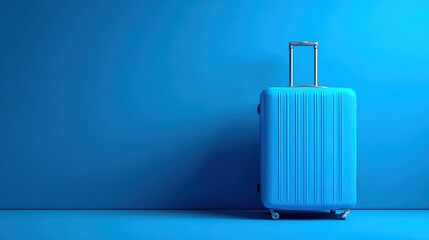 Bright blue suitcase standing alone against a solid blue wall, waiting for a traveler to embark on an adventure to an exciting destination