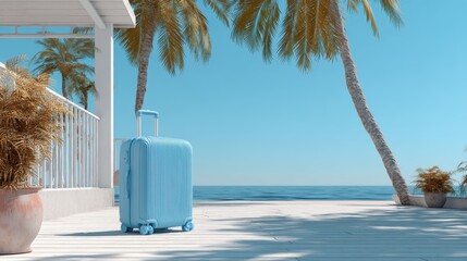 Bright blue suitcase rests on a wooden deck overlooking the calm ocean, surrounded by palm trees under a clear blue sky
