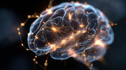 Colorful brain network glowing with lights during a digital representation of neural activity in a dark background setting