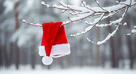 Santa hat hanging on a snow covered branch in a winter wonderland setting