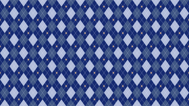 Classic blue argyle seamless pattern with dotted lines and star accents, perfect for holiday and Christmas designs