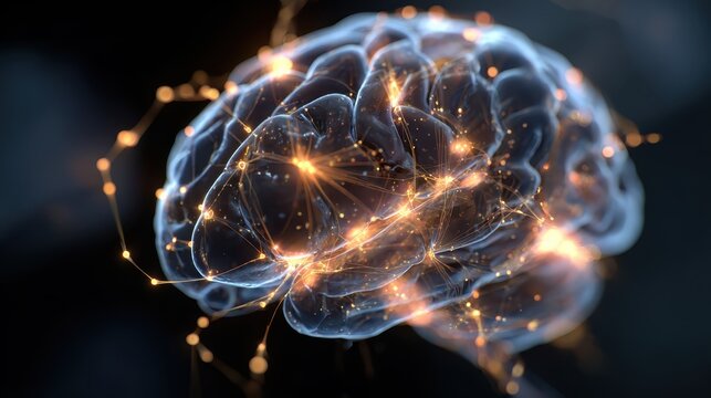 Colorful brain network glowing with lights during a digital representation of neural activity in a dark background setting