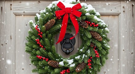 Festive christmas wreath with red bow and snow hanging on a rustic wooden door