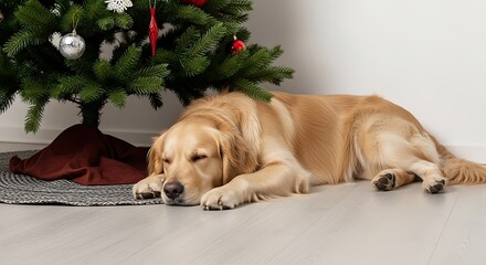 Golden retriever sleeping peacefully under a decorated christmas tree indoors at home