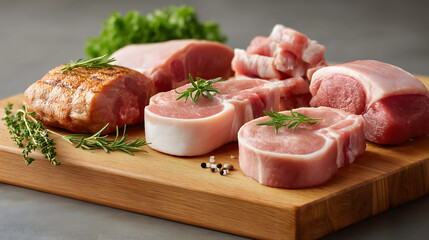 Fresh raw pork chops and herbs on a cutting board are ready for cooking a delicious dinner meal. Fresh and uncooked, ready for cooking