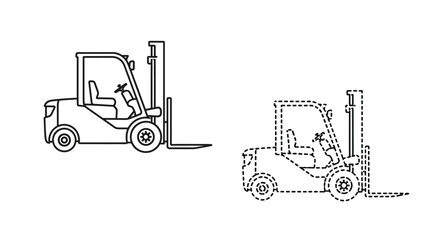 Line art illustration of a forklift truck in solid and dotted form