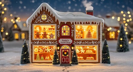 Charming gingerbread house sweet shop glows warmly in a snowy winter scene