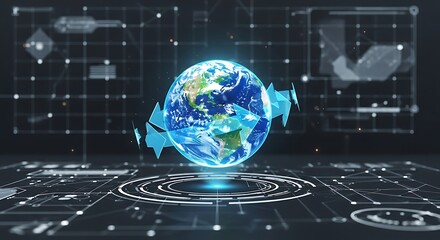 Futuristic digital interface displaying a holographic Earth globe with data analytics and global network connections.