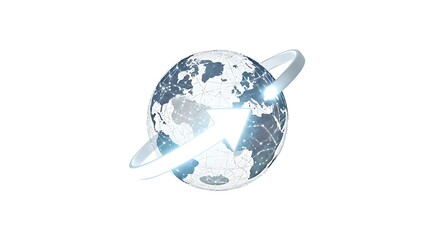A futuristic digital globe with a glowing ring orbiting around it, symbolizing global connectivity and technology.