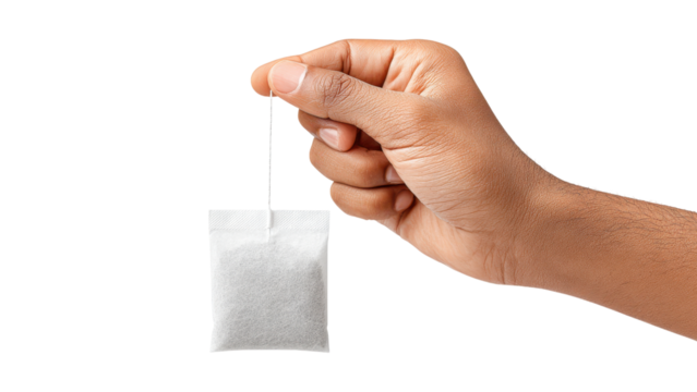 Hand Holding Tea Bag on White: Time for Refreshment and Relaxation