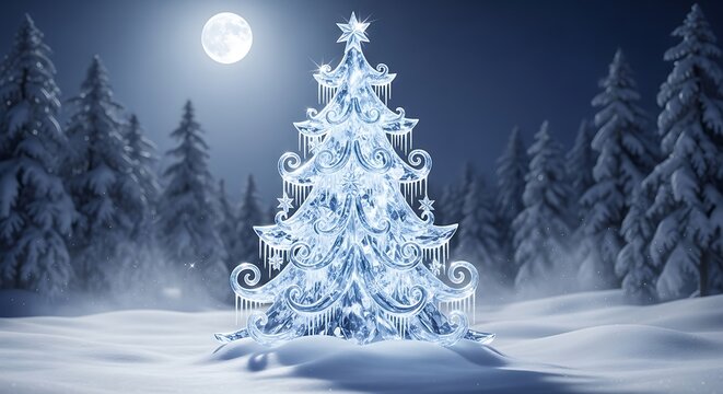 Ice crystal christmas tree glows under a full moon in a snowy winter forest