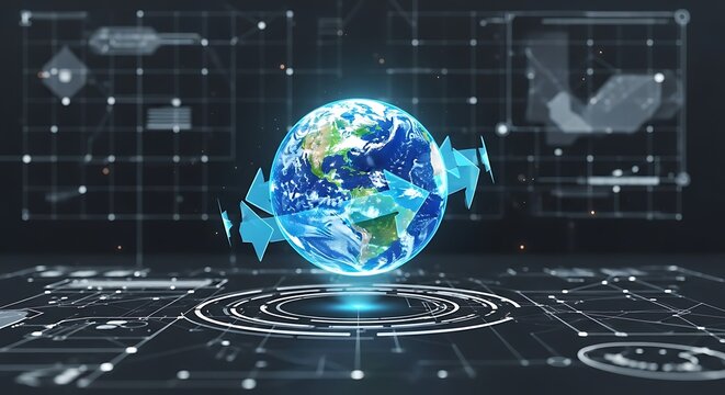 Futuristic digital interface displaying a holographic Earth globe with data analytics and global network connections. - Powered by Adobe