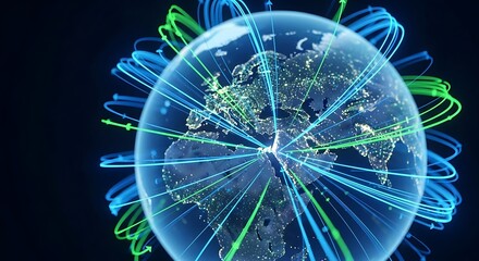 A glowing blue earth globe with illuminated continents and a network of green and blue lines representing global communication and data flow.