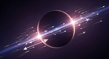 Abstract digital artwork featuring a glowing sphere with light streaks and directional arrows, creating a dynamic composition.