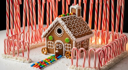 Festive gingerbread house surrounded by candy canes for a sweet holiday display