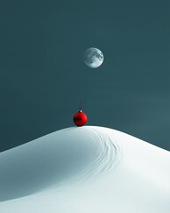 Minimalist Christmas surreal snowy hill with a single red ornament glowing under soft moonlight 