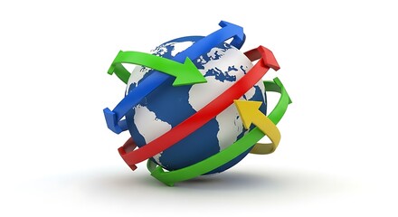 A globe surrounded by arrows of different colors, representing global connections and international relations.