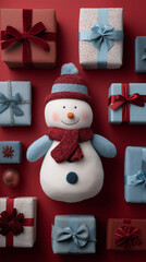 Christmas shopping. Snowman with gifts and bows on the red background