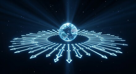 Abstract digital Earth with arrows pointing outwards.