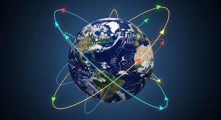 Digital illustration of planet Earth with colorful orbits symbolizing global networks, data transmission, and communication.