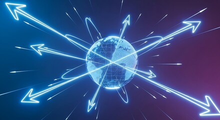 Futuristic neon blue globe with glowing arrows symbolizing global networks, communication, and data exchange.