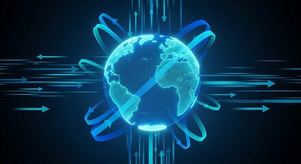 Futuristic digital globe with glowing blue orbits and data streams representing global connectivity and technology.