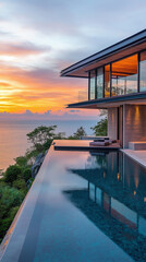 Fototapeta premium Elegant villa with infinity pool at twilight. Luxury lifestyle