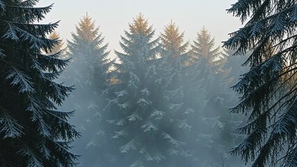Sunlit forest scene with evergreens sparkling with frost, ideal for winter holiday promotions and nature documentaries, creating a sense of serene beauty
