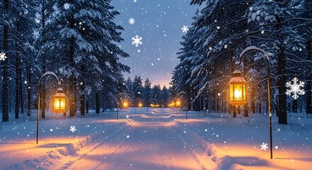 Snowy winter path illuminated by lanterns through a snow covered forest scene