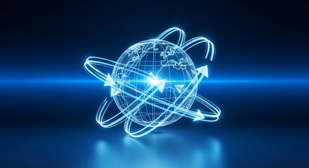 A digital representation of the Earth with orbiting arrows, symbolizing global connectivity and technological advancement.